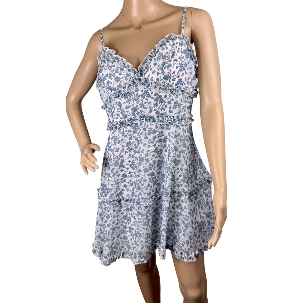 B Smart T Strap Sundress Size‎ 13 Floral Mini Babydoll Ruffles Blue & White